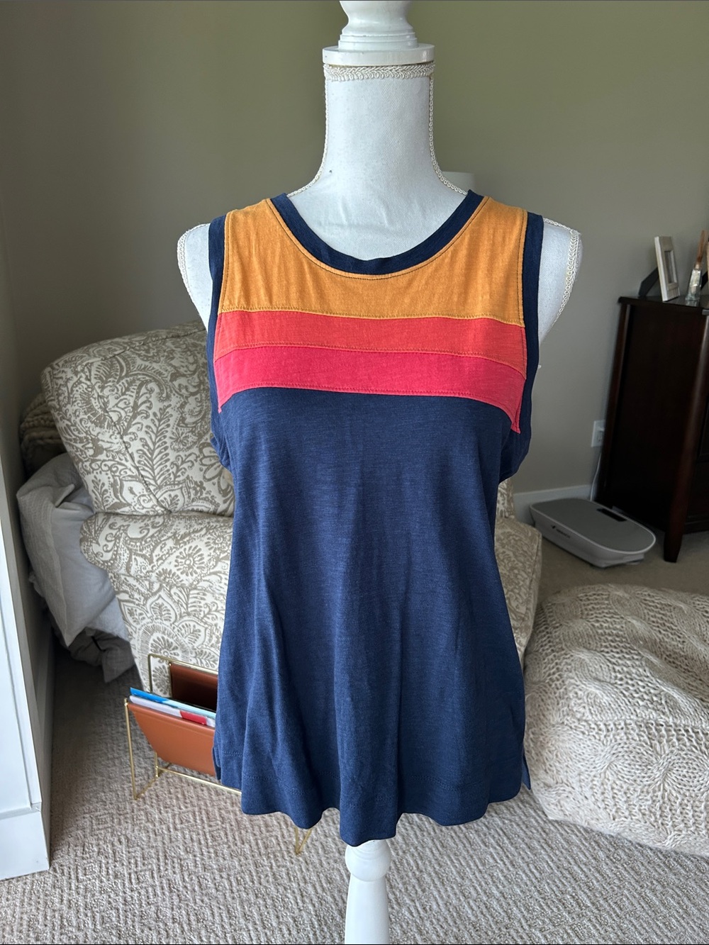 Evereve Navy Tank with Mustard & Coral Stripe Panel
